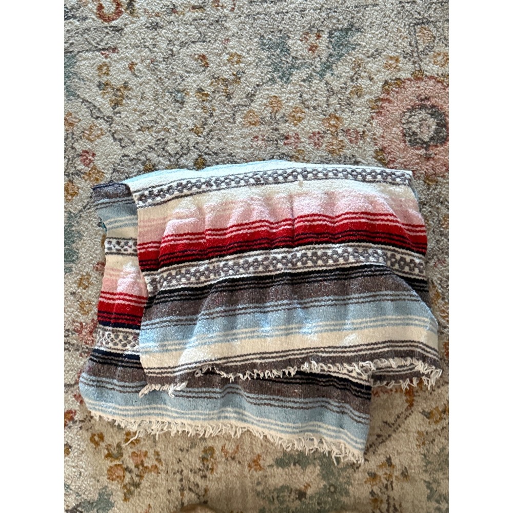 Mexican Falsa Blanket Woven Striped Yoga Beach Throw Blue Red White 42in Width